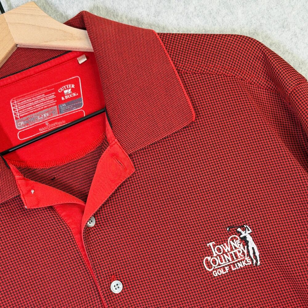Cutter & Buck Polo Shirt LG Red Black Town &Country Golf Links Logo Cotton Blend